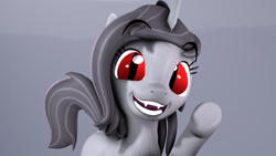 Size: 2400x1350 | Tagged: safe, artist:hellhounds04, oc, oc only, oc:shelby, species:pony, species:unicorn, 3d, cute, fangs, female, gray background, looking at you, mare, ocbetes, simple background, slit eyes, solo, source filmmaker, underhoof, waving