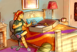 Size: 1787x1200 | Tagged: safe, artist:cuttledreams, character:sunset shimmer, newbie artist training grounds, my little pony:equestria girls, bed, chair, female, food, muffin, packing, sitting, solo, suitcase