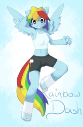 Size: 1302x1989 | Tagged: safe, artist:tesslashy, character:rainbow dash, species:anthro, species:unguligrade anthro, anatomically incorrect, armpits, belly button, clothing, cute, cutie mark, cutie mark on clothes, female, flying, hoof shoes, incorrect leg anatomy, midriff, shoes, shorts, socks, solo, tank top
