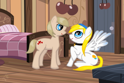Size: 3000x2000 | Tagged: safe, artist:upsidedownpanda, artist:vitalspark, oc, oc only, oc:june, oc:vital sparkle, species:pony, bed, bell, bell collar, blue eyes, collar, female, lesbian, mare, shipping, sitting, spread wings, standing, wings