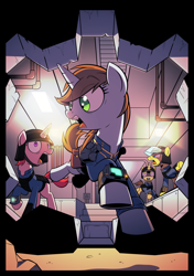 Size: 1760x2500 | Tagged: safe, artist:php104, oc, oc only, oc:littlepip, species:earth pony, species:pony, species:unicorn, fallout equestria, canteen, fallout, fanfic, fanfic art, female, horn, i can't believe it's not idw, jumping, mare, open mouth, pipbuck, raised hoof, saddle bag, stable, stable 2, stable door, vault suit