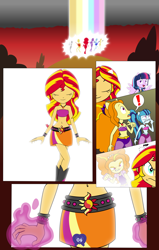 Size: 2922x4580 | Tagged: safe, artist:drewdini, character:adagio dazzle, character:applejack, character:fluttershy, character:pinkie pie, character:rainbow dash, character:rarity, character:sonata dusk, character:sunset shimmer, character:twilight sparkle, character:twilight sparkle (alicorn), comic:equestrian city, my little pony:equestria girls, bare shoulders, belly button, comic, equestrian city, exclamation point, magic, mane six, midriff, ponied up, sleeveless, strapless, suggestive series