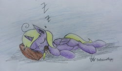 Size: 3264x1888 | Tagged: safe, artist:professionalpuppy, oc, oc only, oc:giara, cute, drool, eyes closed, messy mane, on side, open mouth, pillow, sleeping, solo, traditional art, zzz