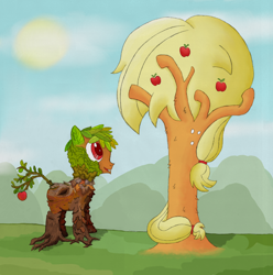 Size: 2632x2648 | Tagged: safe, artist:ultrathehedgetoaster, character:applejack, character:bloomberg, apple tree, dryad, plant pony, role reversal, tree, treejack, wat