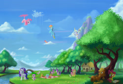 Size: 3800x2600 | Tagged: safe, artist:emeraldgalaxy, character:angel bunny, character:apple bloom, character:applejack, character:fluttershy, character:pinkie pie, character:rainbow dash, character:rarity, character:scootaloo, character:spike, character:starlight glimmer, character:sweetie belle, character:twilight sparkle, character:twilight sparkle (alicorn), species:alicorn, species:pegasus, species:pony, book, canterlot castle, cloud, cloudsdale, mane six, picnic, picnic table, pinkie being pinkie, pinkiecopter, scenery, tree