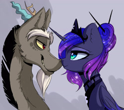 Size: 3200x2845 | Tagged: safe, artist:elementalokami, character:discord, character:princess luna, ship:lunacord, alternate hairstyle, boop, eye contact, male, noseboop, shipping, straight