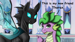 Size: 3840x2160 | Tagged: safe, artist:ciderpunk, artist:zuruck, derpibooru original, character:spike, character:thorax, species:changeling, episode:the times they are a changeling, g4, my little pony: friendship is magic, crystal empire