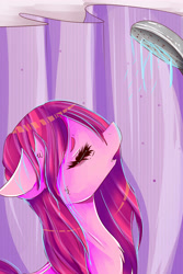 Size: 3000x4500 | Tagged: safe, artist:sunshinejoyyt, character:pinkie pie, bath, chromatic aberration, ears, eyes closed, female, relaxing, shower, shower head, solo, water, wet mane, wet mane pinkie pie