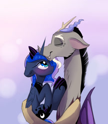 Size: 2346x2700 | Tagged: safe, artist:elementalokami, character:discord, character:princess luna, species:pony, ship:lunacord, blushing, cute, holding a pony, kissing, male, shipping, straight