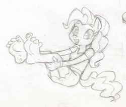 Size: 540x460 | Tagged: safe, artist:dertikleen, character:pinkie pie, species:anthro, species:plantigrade anthro, barefoot, body writing, clothing, cute, feet, female, foot fetish, foot focus, grayscale, monochrome, sitting, skirt, solo, toes, traditional art