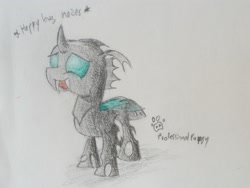 Size: 2674x2016 | Tagged: safe, artist:professionalpuppy, character:thorax, species:changeling, episode:the times they are a changeling, g4, my little pony: friendship is magic, cute, cute bug noises, descriptive noise, male, meme, smiling, solo, traditional art
