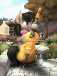 Size: 1500x2000 | Tagged: safe, artist:blackligerth, character:octavia melody, bow (instrument), cello, cello bow, digital art, female, garden, musical instrument, solo, town