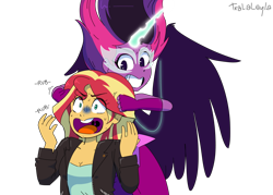 Size: 1400x1000 | Tagged: safe, artist:tralalayla, character:midnight sparkle, character:sunset shimmer, character:twilight sparkle, character:twilight sparkle (scitwi), species:eqg human, my little pony:equestria girls, cute, duo, fanfic, fanfic art, grin, midnight sparkle, midnightabetes, mischief, noogie, pure unfiltered evil, smiling