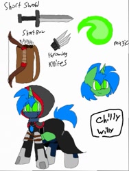 Size: 385x512 | Tagged: safe, artist:chillywilly, oc, oc only, oc:chilly willy, arrow, bow (weapon), bow and arrow, clothing, reference sheet, rogue, sword, throwing knife, weapon