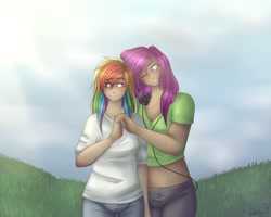 Size: 2000x1600 | Tagged: safe, artist:rainbowhitter, character:rainbow dash, oc, species:human, canon x oc, clothing, female, headphones, holding hands, humanized, lesbian, shipping
