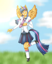 Size: 800x978 | Tagged: safe, artist:rainbowhitter, oc, oc only, oc:twilleys sparkle, parent:flash sentry, parent:twilight sparkle, parents:flashlight, ponysona, species:alicorn, species:anthro, species:pony, alicorn oc, clothing, equestria girls outfit, female, offspring, solo
