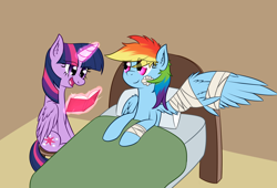 Size: 1544x1050 | Tagged: safe, artist:zogzor, character:rainbow dash, character:twilight sparkle, character:twilight sparkle (alicorn), species:alicorn, species:pegasus, species:pony, newbie artist training grounds, bandage, bed, book, ear fluff, healing, injured, pillow, smiling