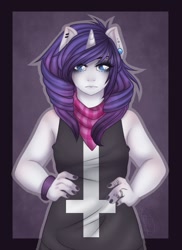 Size: 536x737 | Tagged: safe, artist:rainbowhitter, character:rarity, species:anthro, bracelet, clothing, cross of st peter, ear piercing, earring, emo, eyelashes, female, inverted cross, jewelry, nail polish, piercing, ring, scarf, shirt, solo