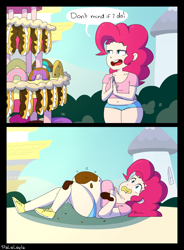 Size: 1400x1900 | Tagged: safe, artist:tralalayla, character:pinkie pie, species:human, episode:mmmystery on the friendship express, g4, my little pony: friendship is magic, bbw, belly, belly button, breasts, busty pinkie pie, cake, clothing, fat, female, food, humanized, pudgy pie, scene interpretation, season 2, shorts, solo, stuffed, weight gain