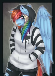 Size: 536x737 | Tagged: safe, artist:rainbowhitter, character:rainbow dash, species:anthro, species:pegasus, species:pony, cigarette, clothing, ear piercing, earring, emo, emodash, eyelashes, female, hands in pockets, hat, hoodie, jewelry, mare, piercing, rainbow dash always dresses in style, smoking, solo