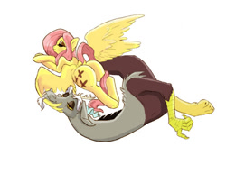 Size: 758x586 | Tagged: safe, artist:praysforaprankster, artist:thecuriousfool, character:discord, character:fluttershy, ship:discoshy, adorasexy, bedroom eyes, cute, discute, flirting, flutterbutt, looking back, male, prone, raised tail, sexy, shipping, sploot, straight, stupid sexy fluttershy, tail