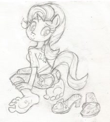 Size: 474x525 | Tagged: safe, artist:dertikleen, character:starlight glimmer, species:anthro, species:plantigrade anthro, barefoot, belly button, feet, female, foot fetish, footprint, midriff, monochrome, sandals, sitting, solo, traditional art