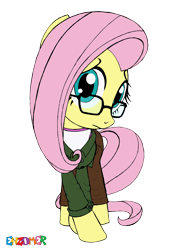 Size: 2548x3676 | Tagged: safe, artist:enzomersimpsons, character:fluttershy, avengers, bruce banner, clothing, crossed hooves, crossover, female, glasses, looking at you, marvel, my little avengers, pants, shirt, simple background, solo, standing, traditional art, transparent background