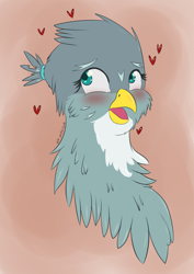 Size: 2480x3508 | Tagged: safe, artist:loboguerrero, character:gabby, species:griffon, blushing, bust, cheek fluff, chest fluff, colored pupils, cute, female, fluffy, gabbybetes, heart, ponytail, solo