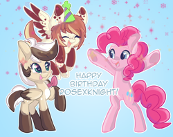 Size: 6300x5000 | Tagged: safe, artist:indiefoxtail, character:pinkie pie, oc, species:pegasus, species:pony, absurd resolution, bipedal, clothing, cute, diapinkes, happy birthday, hat, ocbetes, party hat
