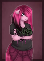 Size: 536x737 | Tagged: safe, artist:rainbowhitter, character:pinkamena diane pie, character:pinkie pie, species:anthro, breasts, busty pinkie pie, chubby, clothing, ear piercing, earring, emo, female, jewelry, nail polish, piercing, solo