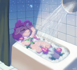 Size: 3706x3345 | Tagged: safe, artist:ligerstorm, character:gummy, character:pinkie pie, species:earth pony, species:pony, bath, bathroom, bathtub, bubble bath, eyes closed, female, mare, moon, shower, smiling, stars