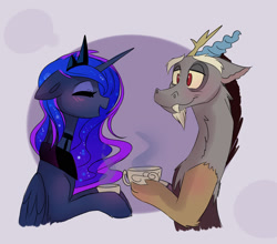 Size: 1649x1448 | Tagged: safe, artist:elementalokami, character:discord, character:princess luna, ship:lunacord, blushing, crown, cup, eyeshadow, floppy ears, hoof hold, jewelry, makeup, male, peytral, regalia, shipping, straight