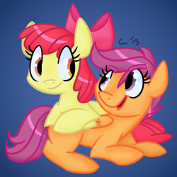Size: 500x500 | Tagged: safe, artist:rivalcat, character:apple bloom, character:scootaloo, species:pegasus, species:pony, ship:scootabloom, adorabloom, blank flank, crossed arms, crossed hooves, cute, cutealoo, female, filly, folded wings, happy, lesbian, looking back, looking up, open mouth, shipping, sitting, smiling
