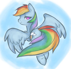 Size: 715x695 | Tagged: safe, artist:soulspade, character:rainbow dash, species:pegasus, species:pony, bedroom eyes, blue background, covering, empty eyes, female, flying, looking at you, looking back, looking back at you, mare, no catchlights, no pupils, rear view, simple background, solo, spread wings, tail covering, underhoof, wings
