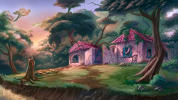 Size: 1920x1080 | Tagged: safe, artist:ruffu, g1, abandoned, building, no pony, overgrown, painting, paradise estate, probably haunted, ruins, scenery, scenery porn, sunset, tree, video at source, wallpaper