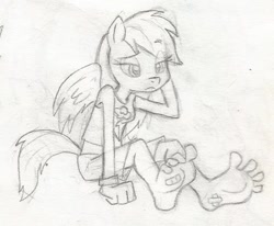 Size: 515x424 | Tagged: safe, artist:dertikleen, character:rainbow dash, species:anthro, species:plantigrade anthro, bandaid, barefoot, clothing, feet, female, foot fetish, midriff, monochrome, solo, tank top, traditional art