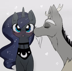 Size: 2300x2246 | Tagged: safe, artist:elementalokami, character:discord, character:princess luna, ship:lunacord, :o, blushing, cute, eyes closed, gray background, heart, kiss on the cheek, kissing, male, shipping, simple background, straight