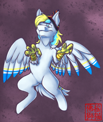 Size: 1704x2000 | Tagged: safe, artist:rattlesire, oc, oc only, oc:cirrus sky, species:hippogriff, beanie, clothing, grin, hat, looking down, smiling, solo, talons