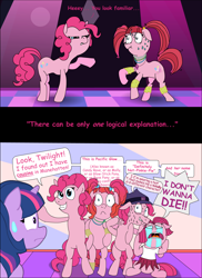 Size: 1228x1688 | Tagged: safe, artist:ultrathehedgetoaster, character:pacific glow, character:pinkie pie, character:twilight sparkle, species:earth pony, species:pony, episode:the saddle row review, episode:too many pinkie pies, g4, my little pony: friendship is magic, bipedal, blatant lies, clone, comic, crying, diane, female, mare, paper-thin disguise, pinkie clone, sweat, sweatdrop, the clone that got away