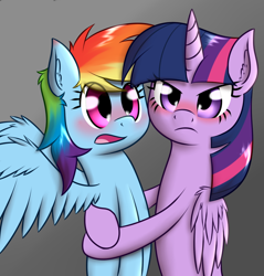 Size: 794x832 | Tagged: safe, artist:zogzor, character:rainbow dash, character:twilight sparkle, character:twilight sparkle (alicorn), species:alicorn, species:pony, ship:twidash, angry, blushing, ear fluff, female, gray background, jealous, lesbian, looking at you, open mouth, shipping, simple background, surprised, wingboner