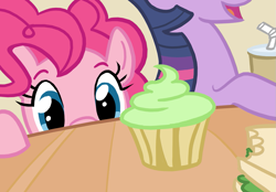 Size: 1079x750 | Tagged: safe, artist:gingermint, artist:icekatze, character:pinkie pie, character:twilight sparkle, cupcake, eyes on the prize, food
