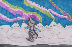 Size: 1280x840 | Tagged: safe, artist:shikogo, species:changeling, aurora borealis, aurora crystialis, cloud, eyes closed, female, singing, solo, traditional art