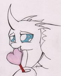 Size: 600x745 | Tagged: safe, artist:shikogo, species:changeling, candy, cute, eating, food, heart, lollipop, monochrome, neo noir, partial color, solo, traditional art