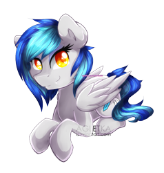 Size: 921x969 | Tagged: safe, artist:agletka, oc, oc only, oc:coldfire, species:pegasus, species:pony, cute, fangs, sitting, smiling, solo