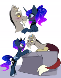 Size: 1600x2044 | Tagged: safe, artist:elementalokami, character:discord, character:princess luna, ship:lunacord, blushing, lidded eyes, male, shipping, simple background, straight, white background