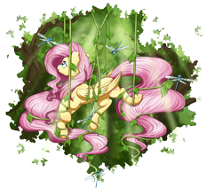 Size: 2839x2500 | Tagged: safe, artist:bratzoid, character:fluttershy, crepuscular rays, dragonfly, female, forest, smiling, solo, tangled up, vine