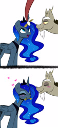 Size: 1900x4200 | Tagged: safe, artist:elementalokami, character:discord, character:princess luna, ship:lunacord, blushing, eating, hay, heart, horses doing horse things, male, shipping, straight