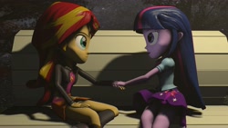 Size: 4096x2304 | Tagged: safe, artist:oc1024, part of a set, character:sunset shimmer, character:twilight sparkle, ship:sunsetsparkle, my little pony:equestria girls, 3d, bench, female, holding hands, lesbian, night, part of a series, shipping, sitting, source filmmaker