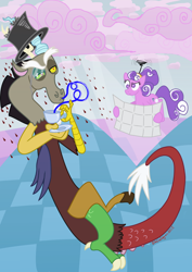 Size: 930x1316 | Tagged: safe, artist:bibliodragon, character:discord, character:screwball, classy, clothing, hat, map, monocle, propeller hat, straw, swirly eyes, top hat