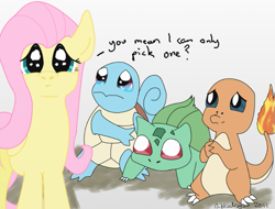Size: 733x558 | Tagged: safe, artist:bibliodragon, character:fluttershy, bulbasaur, charmander, crossover, crying, pokémon, sad, squirtle